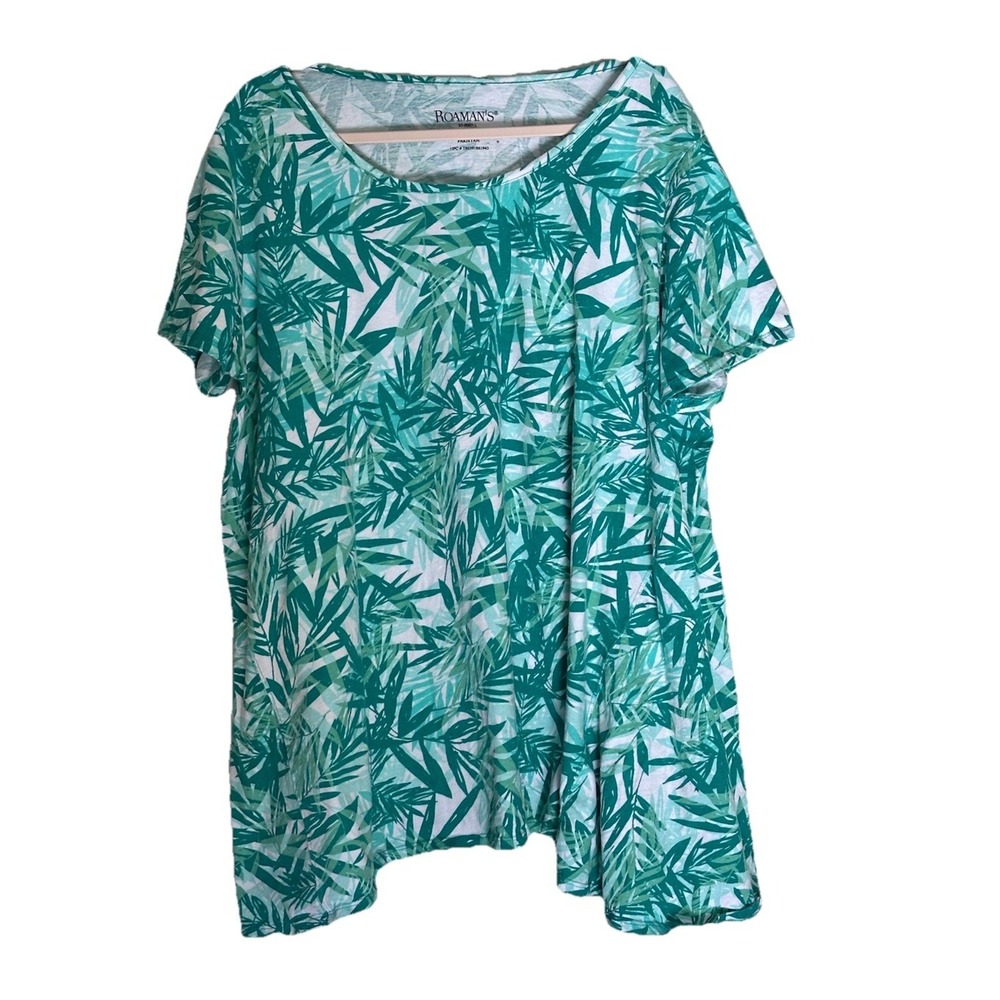 Cynthia Rowley Top Womens 1X Green Leaf Print Short Sleeve Shirt Cotton‎ Read